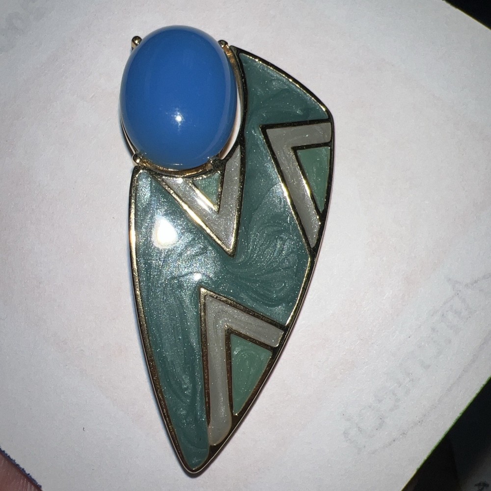 Vtg Trifari Teal Enamel Blue Cabochon Geometric Space Age Gold Tone Brooch H10
