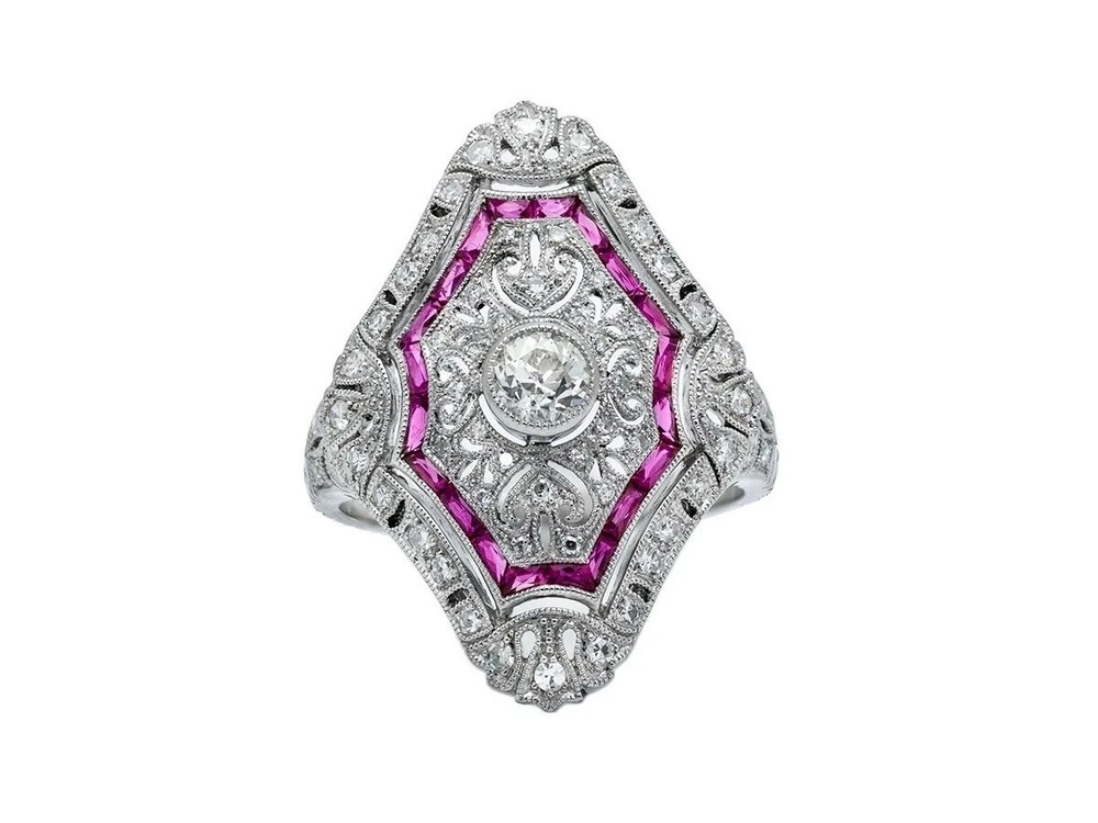 3Ct Art Deco Style Lab Created Diamond & Ruby Anniversary 14k White Gold FN Ring