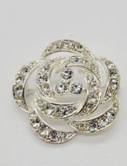 Flower Brooch White Crystal PAVE Silver Tone 1.25 in Vintage Signed