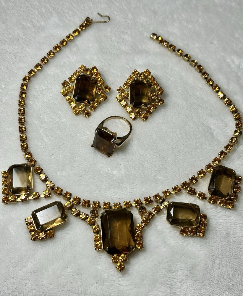 Vtg 1950s Topaz Rhinestone Choker Necklace Earring Ring Parure Set Unsigned D&E