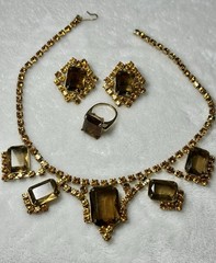 Vtg 1950s Topaz Rhinestone Choker Necklace Earring Ring Parure Set Unsigned D&E