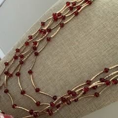 Vintage Red Bead Multi Strand Necklace Gold Tone Bar Link Layered