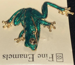 Gold Tone Emerald Green Enamel Frog Pin Fashion Brooch by Fine Enamels