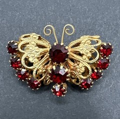 Vintage Red Rhinestone Butterfly Brooch J42