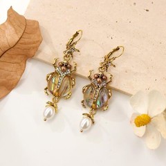 Vintage Beetle Scarab Bug Dangle Earrings for Women, Imitation Pearl Insect D…
