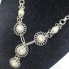 Vtg Wire Filigree Necklace 17” & Bracelet 7” Earrings Faux Pearls Set Boho 1980s