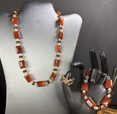Carnelian Agate Beads w/ Clear, & Amber-Colored Spacers VTG Jewelry Set