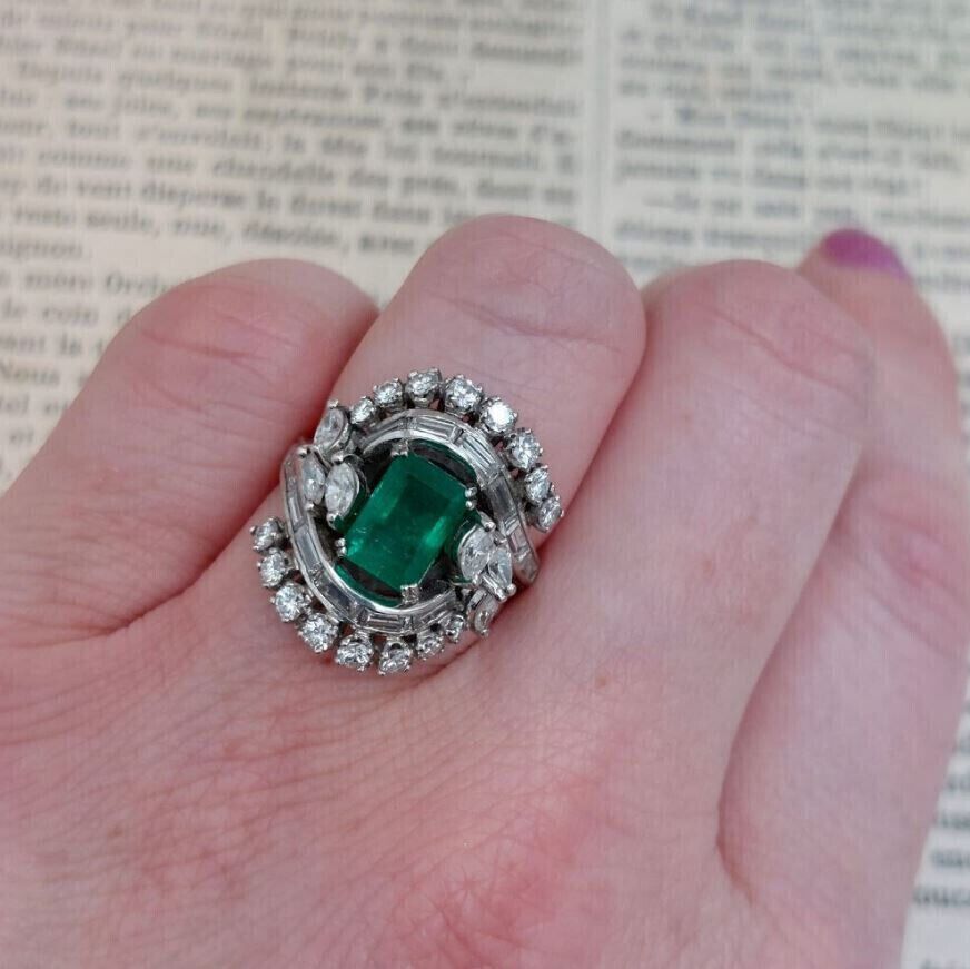 Art Deco Ballerina Cluster Ring 2.4 Ct Lab Created Emerald 14k White Gold Over