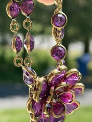 Beautiful Vintage Statement Necklace Purple Stone Flowers B5