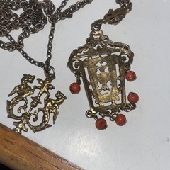 Vintage Victorian Revival Griffin Pendant Dbl Necklace Gothic Heraldic Gold Tone