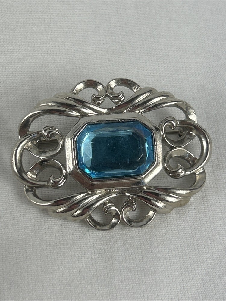 Ornate Brooch Pin Blue Glass Stone 1.5” Silver Tone Vintage