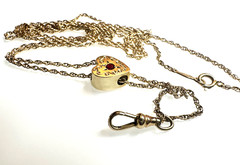 14K Victorian WATCH CHAIN necklace with Ruby Heart Shaped Slider & clip/fob