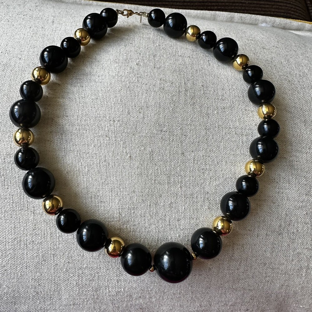 Vintage Monet Beaded Necklace Black Gold 17 Inches