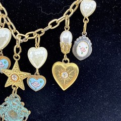 Vtg Charm Heart Floral Necklace Romantic Revival Shabby Chic Goldtone New Clasp