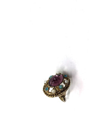 Vintage Cocktail Ring Adjustable Purple oval cabochon rhinestone Faux Pearl Mod