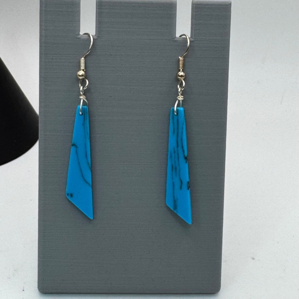 Vintage Howlite Slab Blue Dangle Earrings Marble Statement Jewelry 2″ Southwest