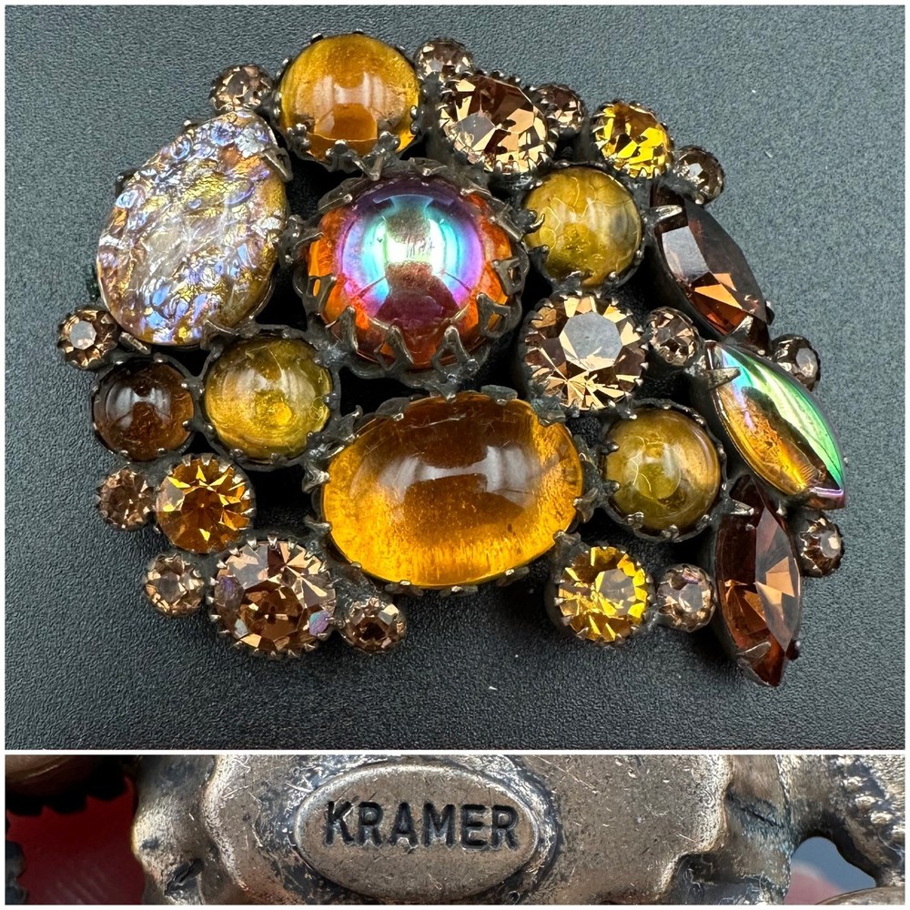 Vintage KRAMER Orange Yellow Brown Rhinestone Stone Brooch Large Navette