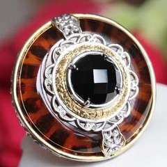 925 multi tone sterling silver ring 3.00ct plastic simulated amber sz 5.5 15.2g