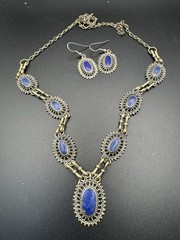 Vintage Lapis Lazuli Afghan Tribal Boho Brass Pendant Necklace & Earring Set
