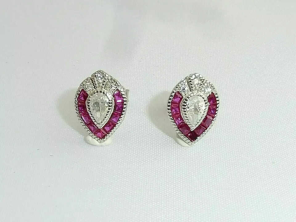 Art Deco Vintage Style Lab-Created Diamond & Ruby Stud Earrings Solid 925 Silver