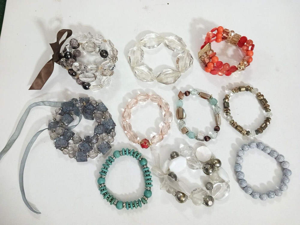 Plastic, Gemstone + crystal bead bracelets. Lot of 10 beaded mixed materials