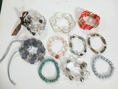 Plastic, Gemstone + crystal bead bracelets. Lot of 10 beaded mixed materials