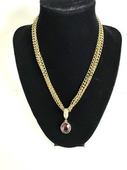 Swarovski Swan Signed Purple Crystal Oval Pendant , Gold Tone Necklace.