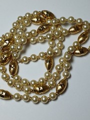 Vintage NAPIER Signed Faux Pearl Gold Tone Station Necklace Diamond Cut Beads