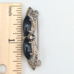 Vintage Brooch Pin Western Germany Black Glass Faux Marcasite Silver Tone Gothic