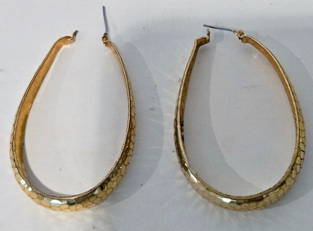 Vintage Gold Tone Statement Earrings ~Large Hammered Loop~Retro~ 3 1/8″ Long~EUC
