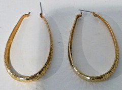 Vintage Gold Tone Statement Earrings ~Large Hammered Loop~Retro~ 3 1/8″ Long~EUC