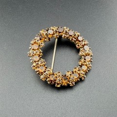 Weiss Brooch Pin 1.5in Amber Topaz Rhinestone Gold Tone Circle Wreath Vintage