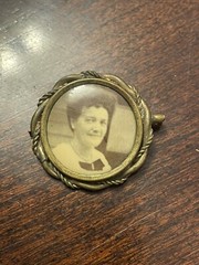 Antique Miniature Mourning Roped Gold-tone Brooch C Clasp Pin Faded Photo Woman