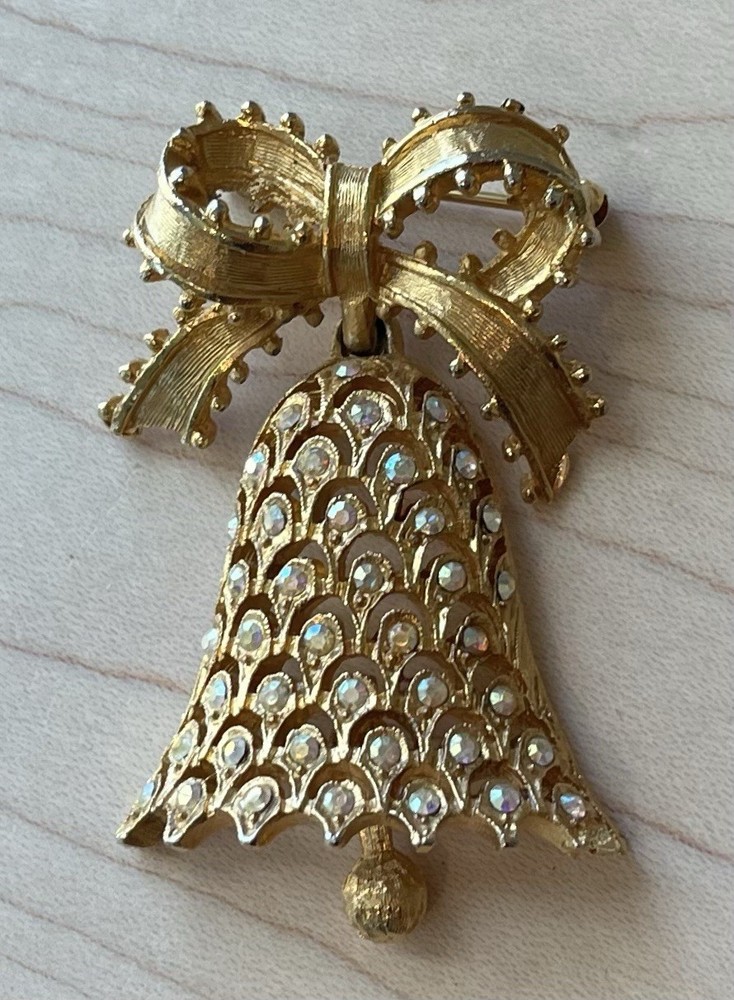 Vintage Christmas Bell Brooch MYLU AB Rhinestone Brooch