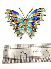 Antique 800 Silver Filigree Enamel Butterfly Brooch Multicolor Blue Green Pin