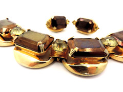 Bracelet Earrings Set 5 Link Brown Green Large Rhinestones Open Backs MCM Trendy