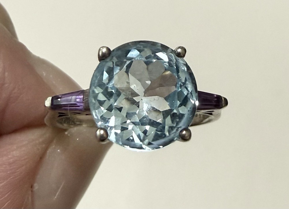 Vintage KL 925 Sterling Silver Big Sky Blue Topaz Amethyst Baguettes Ring Sz6.75