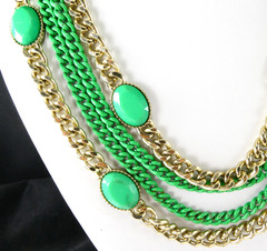 Multi Chain Necklace Gold & Green Enamel Oval Accents Designer Quality