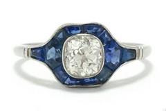 Antique Old Mine Cut Diamond & Sapphire Art Deco Style Engagement Ring