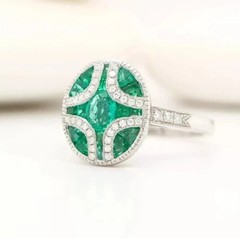 Vintage Style Oval Cut Lab Created Emerald Diamond Engagement 14K Gold FN Rings