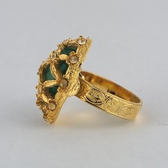 Vintage Green Glass Dome Ring Gold Tone Rhinestone Lattice Cocktail