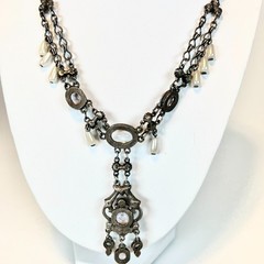 Vintage Moonstone Rhinestone Simulated Pearl Necklace Victorian Poured Glass