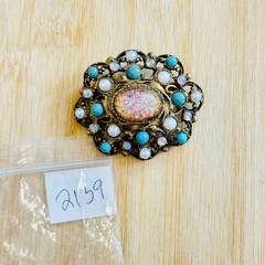 VTG Victorian Style Faux Fire Opal Opalite Brooch Pin Cabochon Pearl Gass Gilt