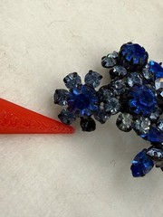 Vintage Austria Rhinestone Flower Brooch Blue Black Enamel READ