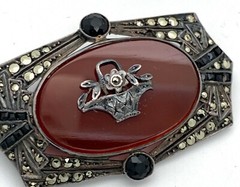 Art Deco Sterling Silver Carnelian Marcasite Brooch | 12 grams