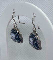 Vintage Earrings Rostov Finift Russian Enamel Painted Floral Dangle Silver Tone
