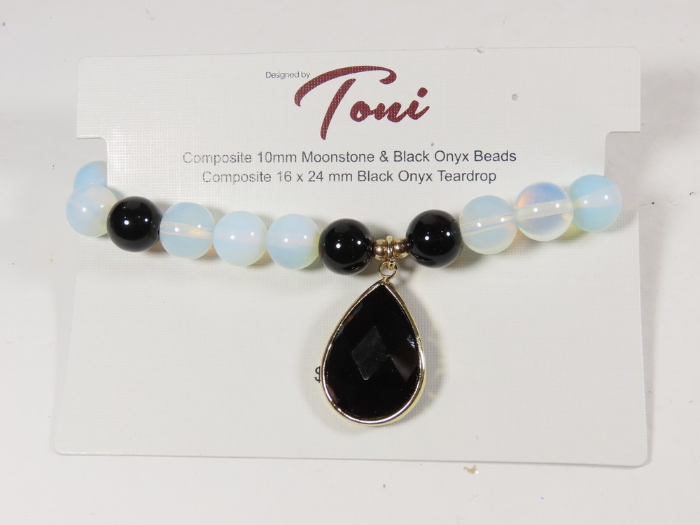 Necklace Moonstone Black Onyx Beads Signed Toni Vintage Mod 16x24mm C4623