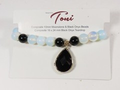 Necklace Moonstone Black Onyx Beads Signed Toni Vintage Mod 16x24mm C4623