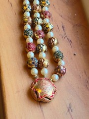 Vintage brass Beaded bracelet Gold Red & Green Metallic Accents & Faux Pearls