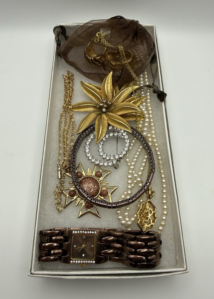 Vintage Jewelry Lot Nolan Miller Watch Espo Opal Pendant 14K GP Crystal Brooch